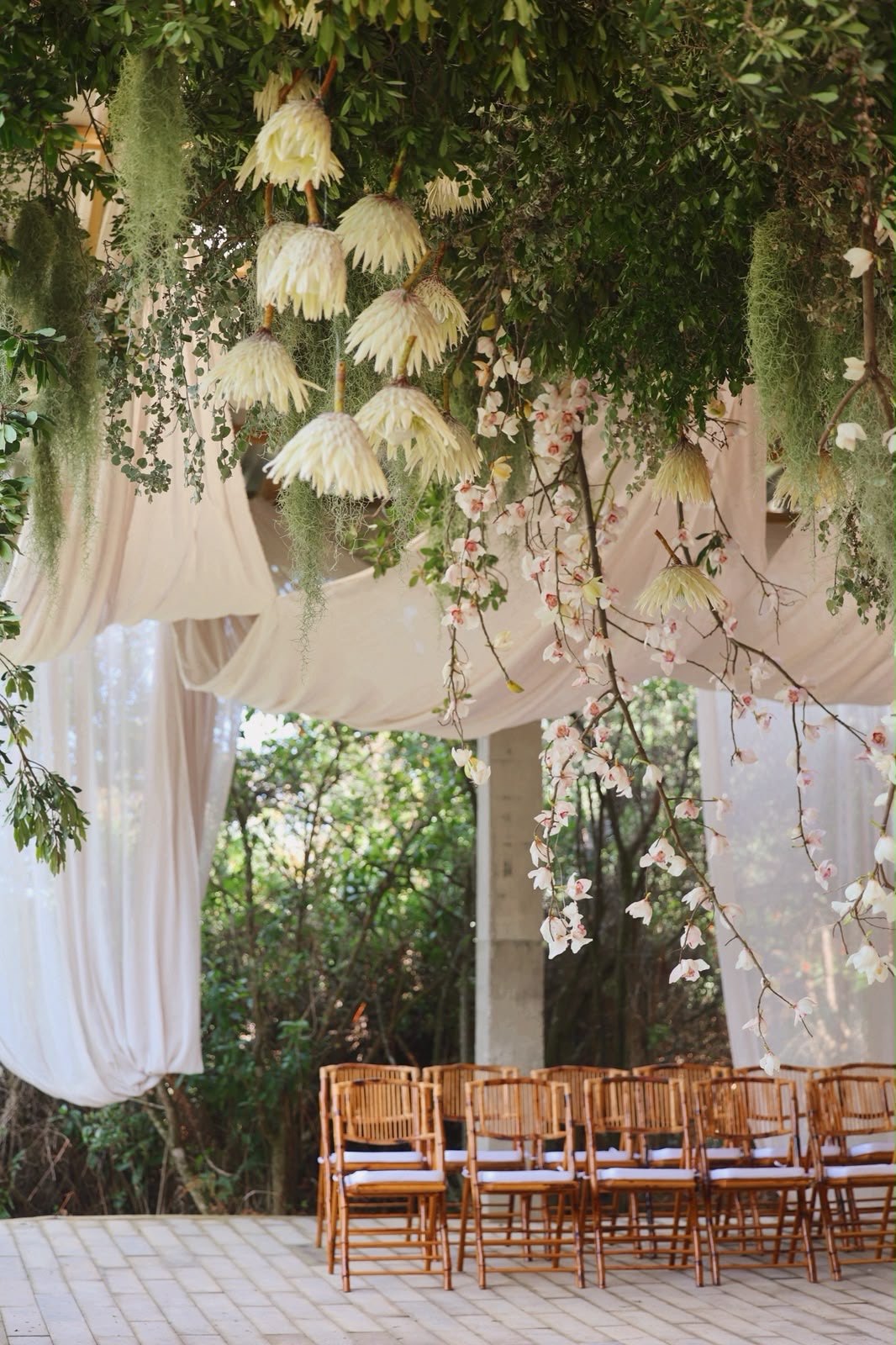 Hanging proteas, orchids and greenery above draped ivory fabric